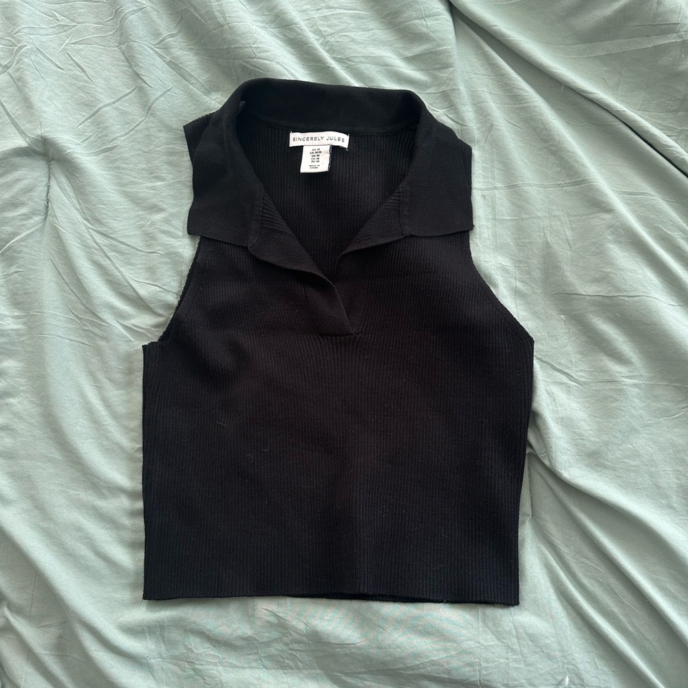 Sincerely Jules Black Sleeveless Crop Tank with Notched Collar